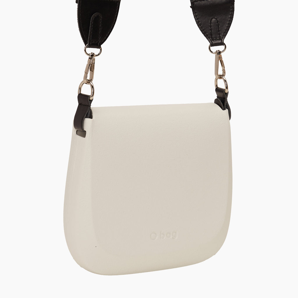 O bag chase bag with adjustable fabric shoulder strap featuring a milk-colored arrow pattern