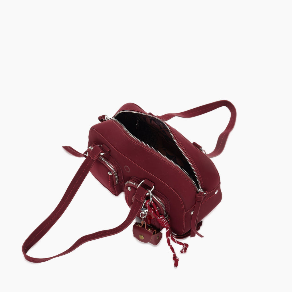 Iris Small Boston Bag in Red Rubberized Fabric with Zip Closure and Pockets