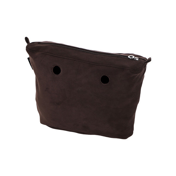 O Bag Mini Internal Zip Bag in Dark Brown Faux Suede Fabric