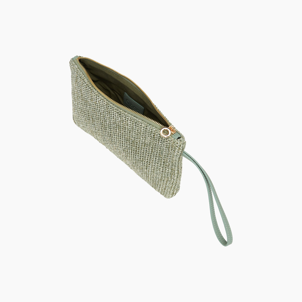 Pochette con zip e manichetto O bag ponza tessuto shiny crochet matcha